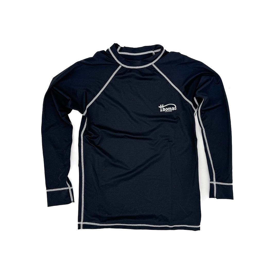 Thomas Mens Long Sleeve Rashie Black with White Stitching